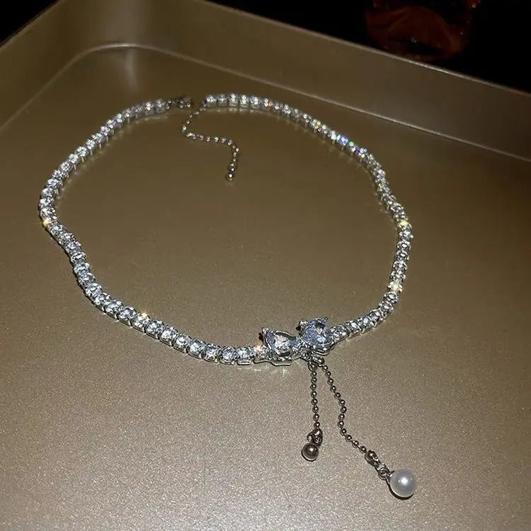 Rhinestone Bow Tassel Drop Choker Collarbone Necklace