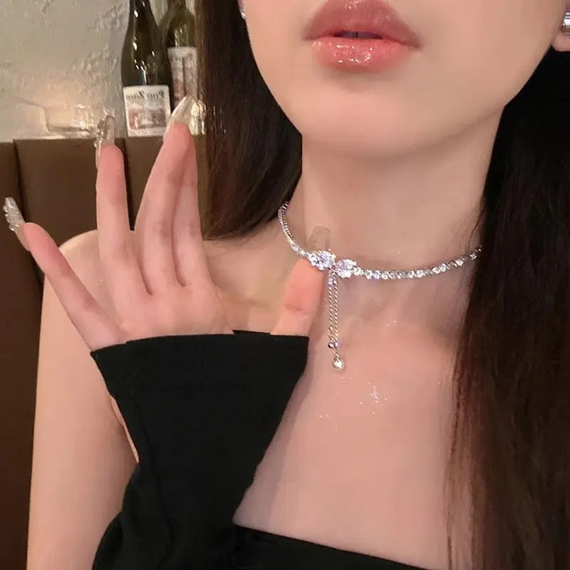 Rhinestone Bow Tassel Drop Choker Collarbone Necklace