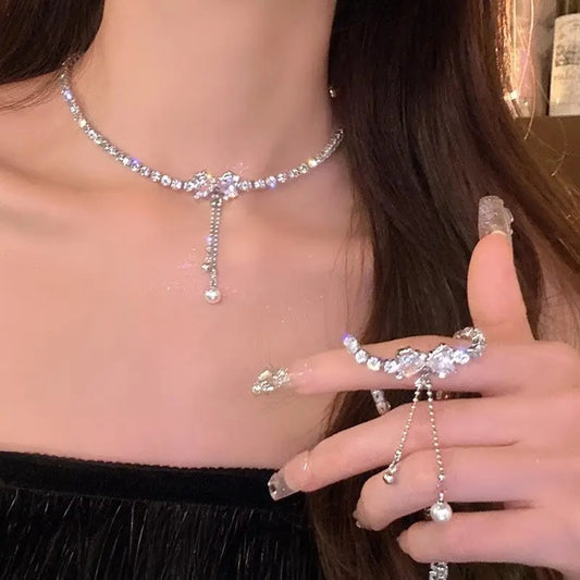 Rhinestone Bow Tassel Drop Choker Collarbone  Necklace