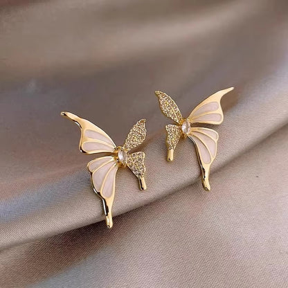 White Enamel & Stone Butterfly Stud Earrings