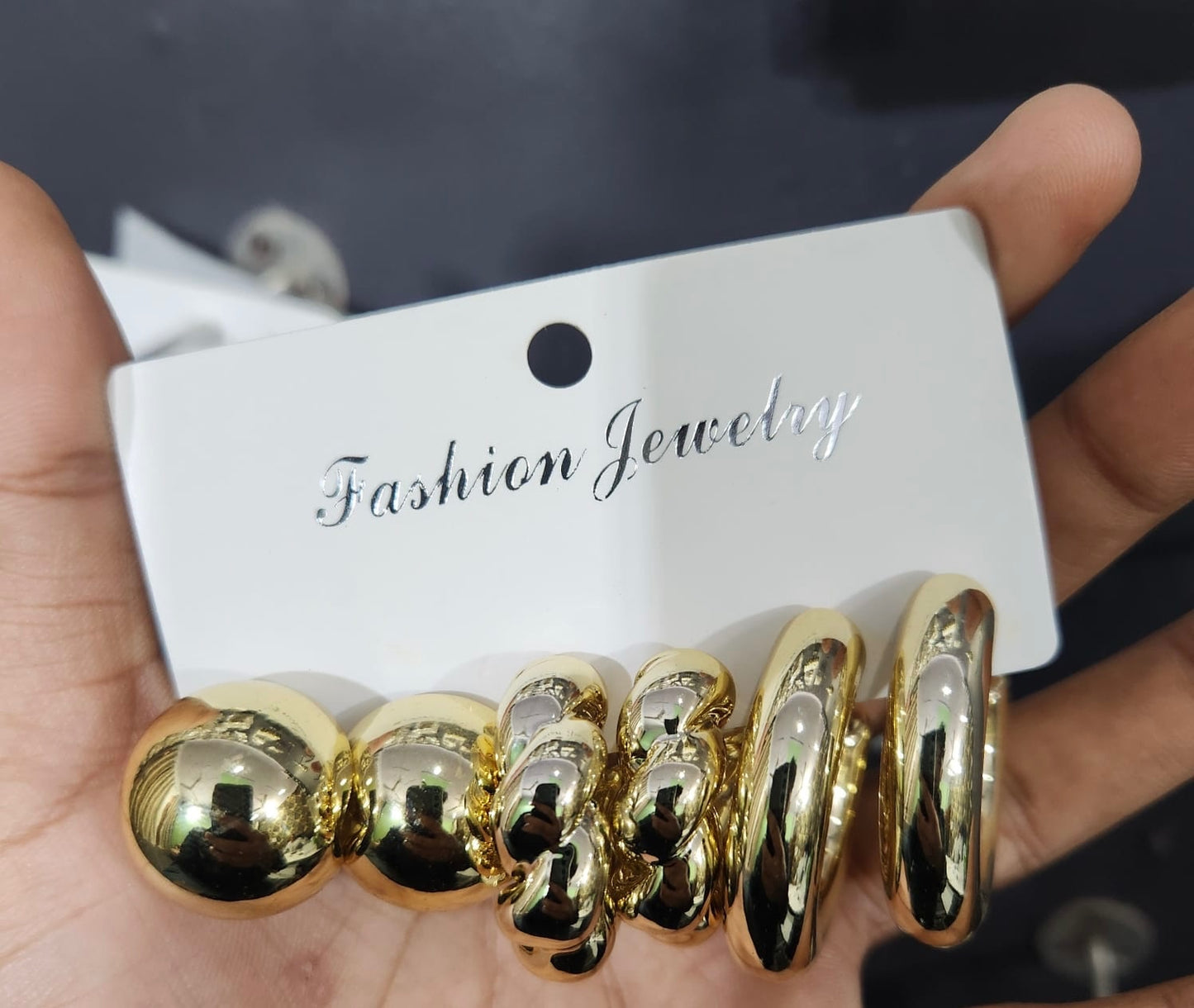 3 pairs gold chunky earrings combo card.