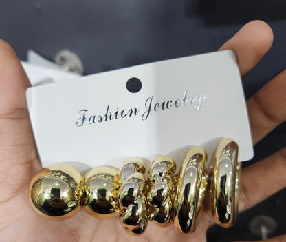 3 pairs gold chunky earrings combo card.