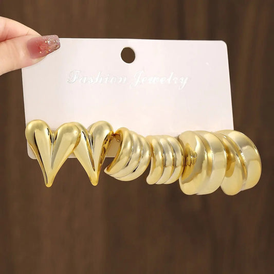 3 pairs gold chunky earrings combo card.